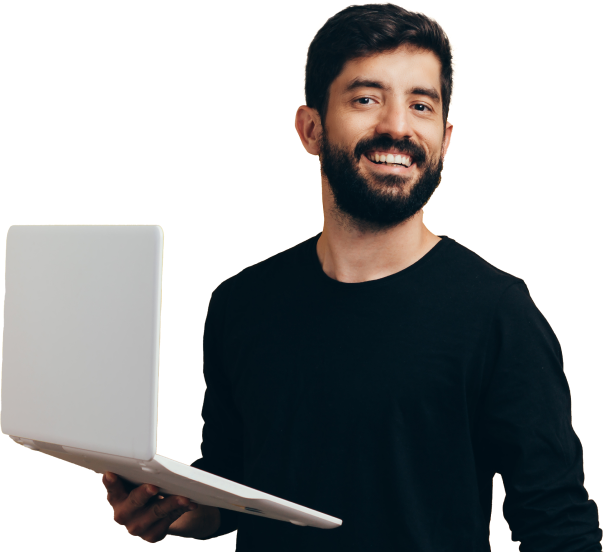 smiling guy holding a laptop